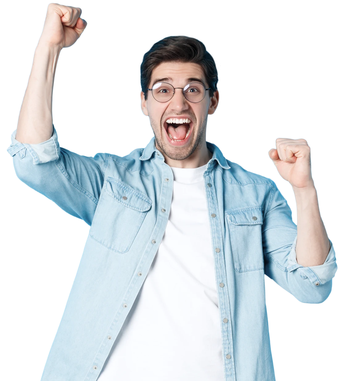 Social Media Marketing Excited Handsome Man Triumphing Raising Hands Up